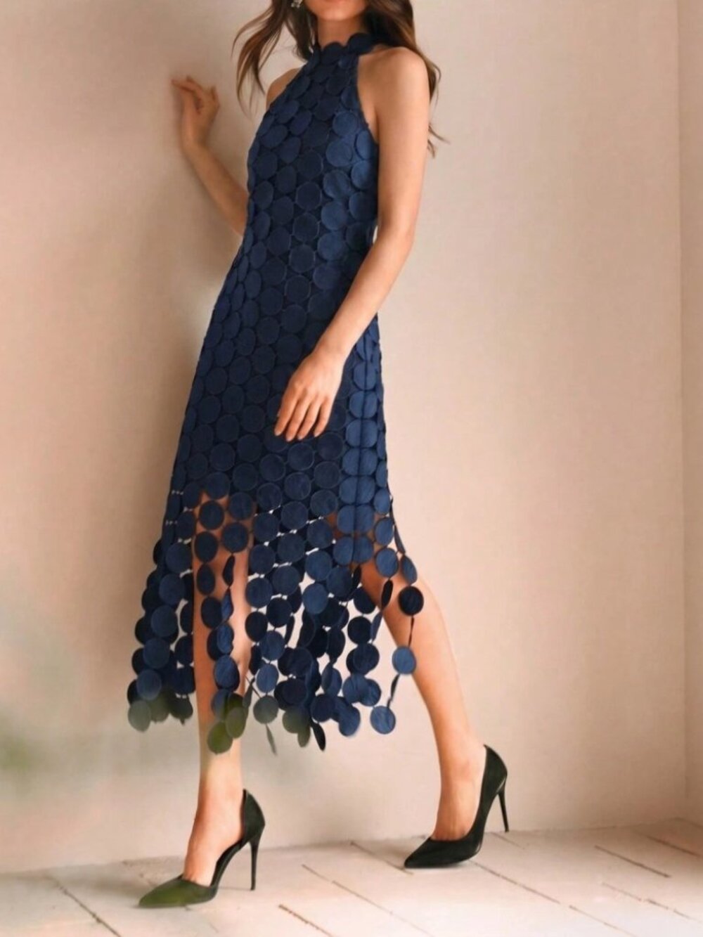 Navy Blue Circle Cut Halter Midi Dress